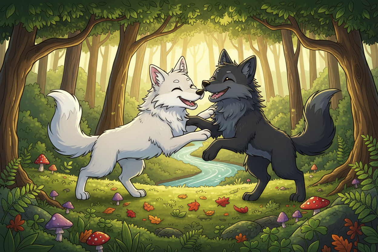 Two animated wolves, one white and one black, dancing in a forest with mushrooms and flowers.
