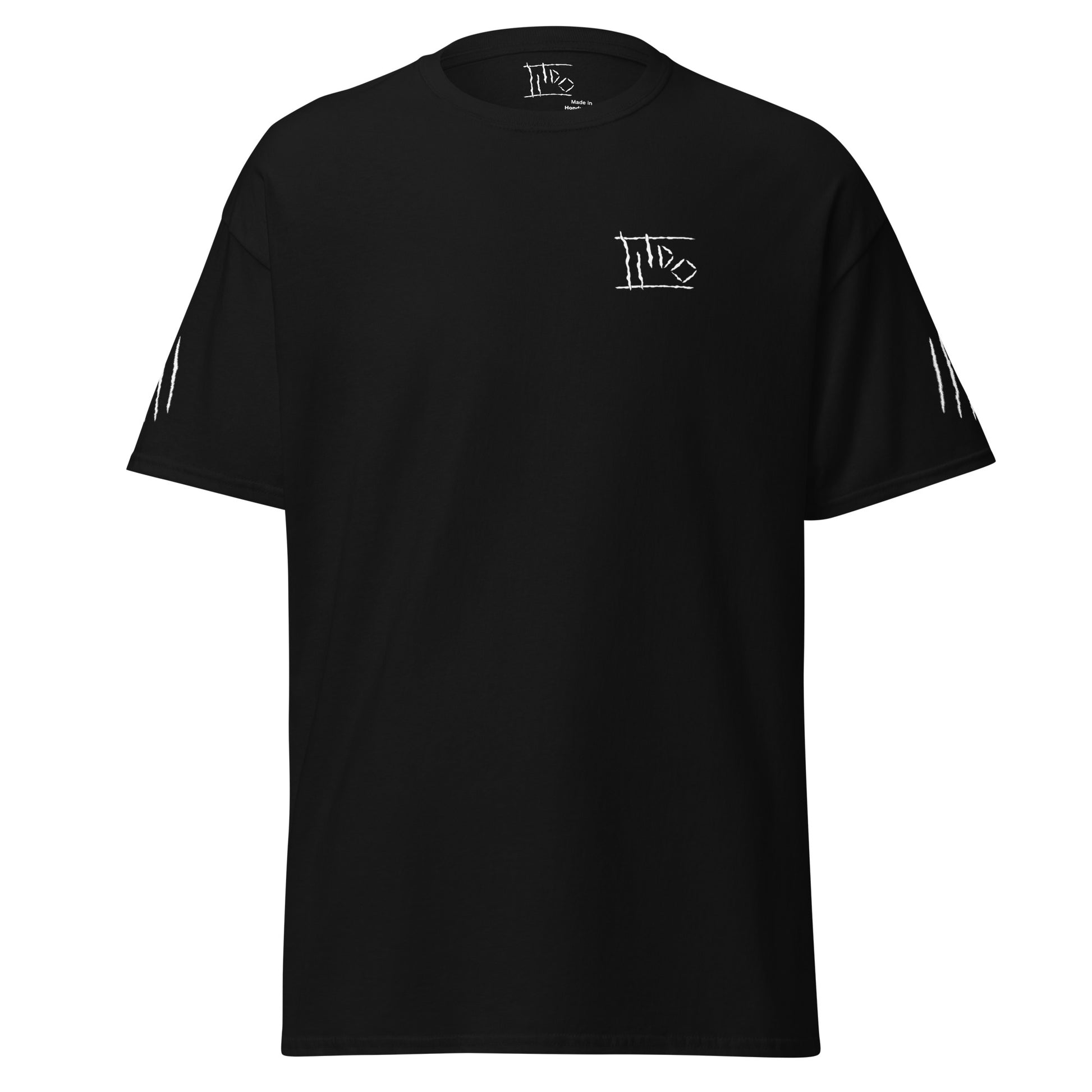 Navy blue t-shirt with a small graphic on the chest against a white background