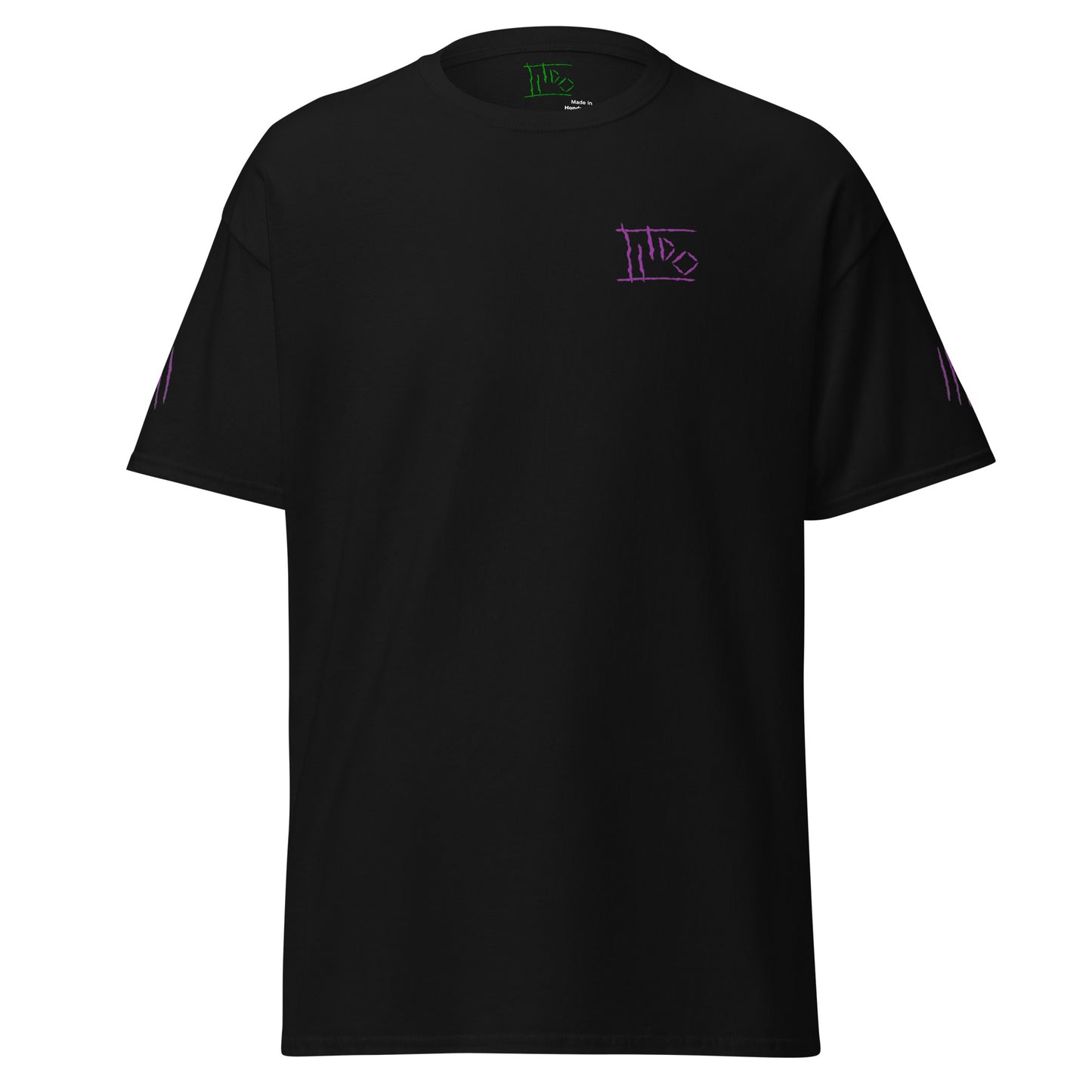Black t-shirt with a small graphic and text on a white background