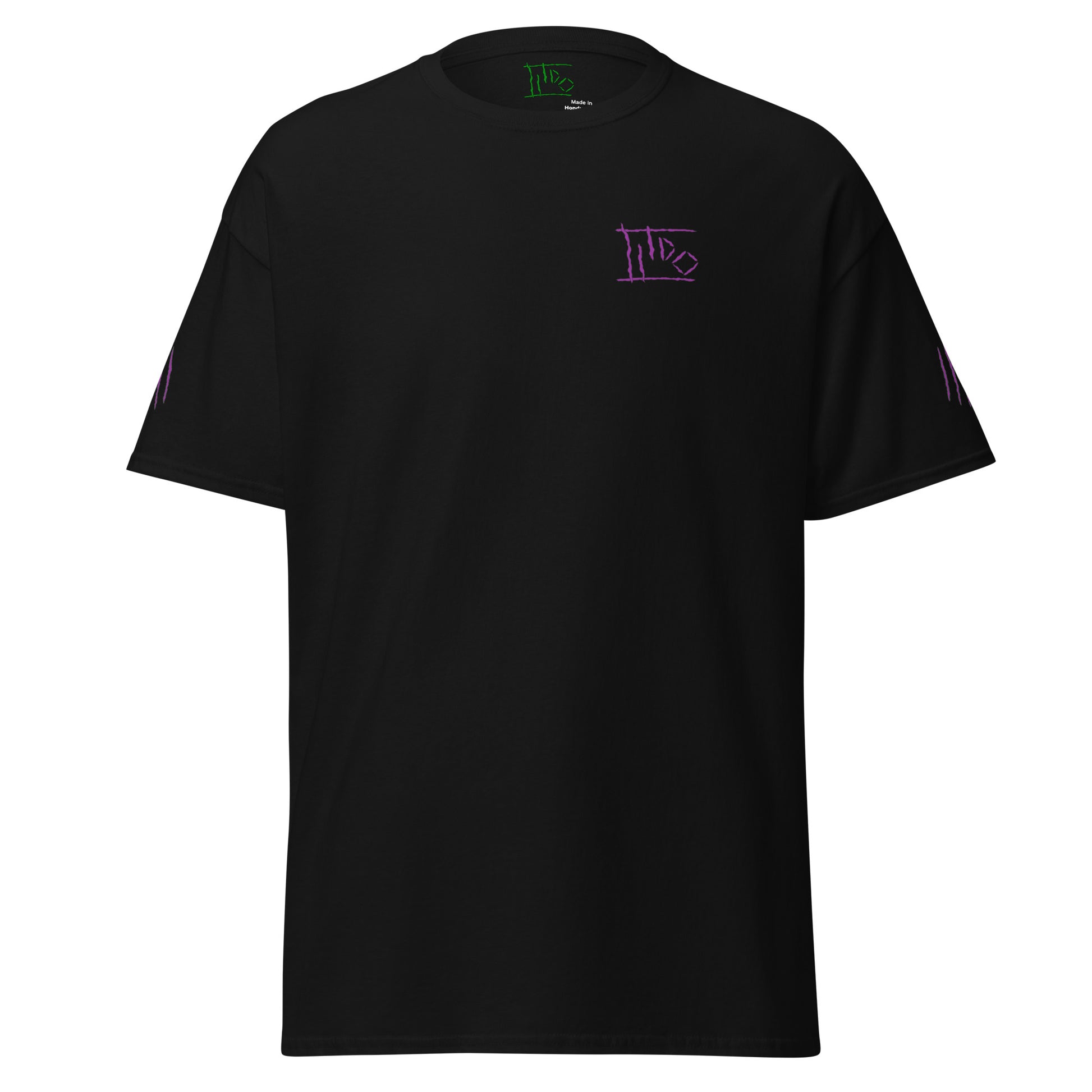 Black t-shirt with a small graphic and text on a white background