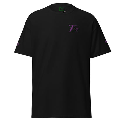 Black t-shirt with a small graphic and text on a white background