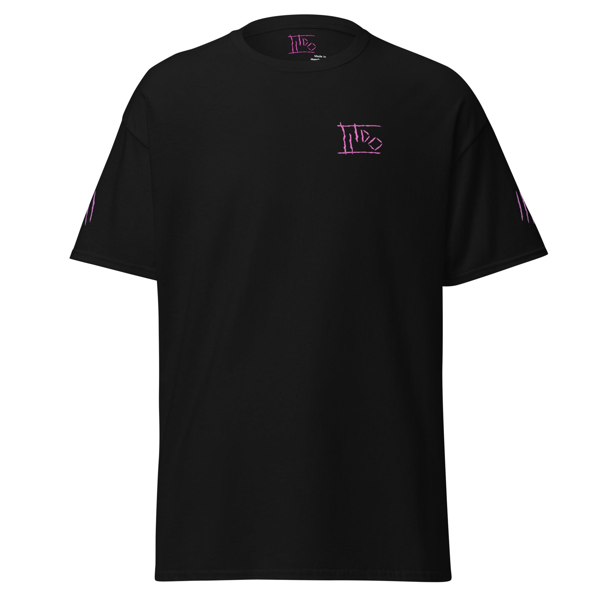 Black t-shirt with a red and blue logo on a white background