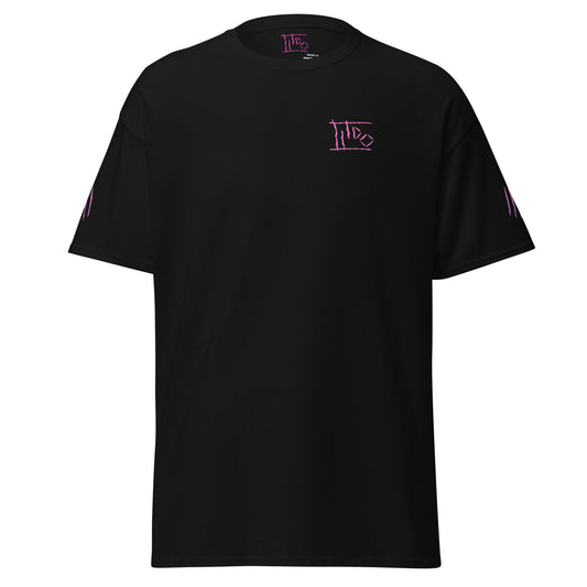 Black t-shirt with a red and blue logo on a white background