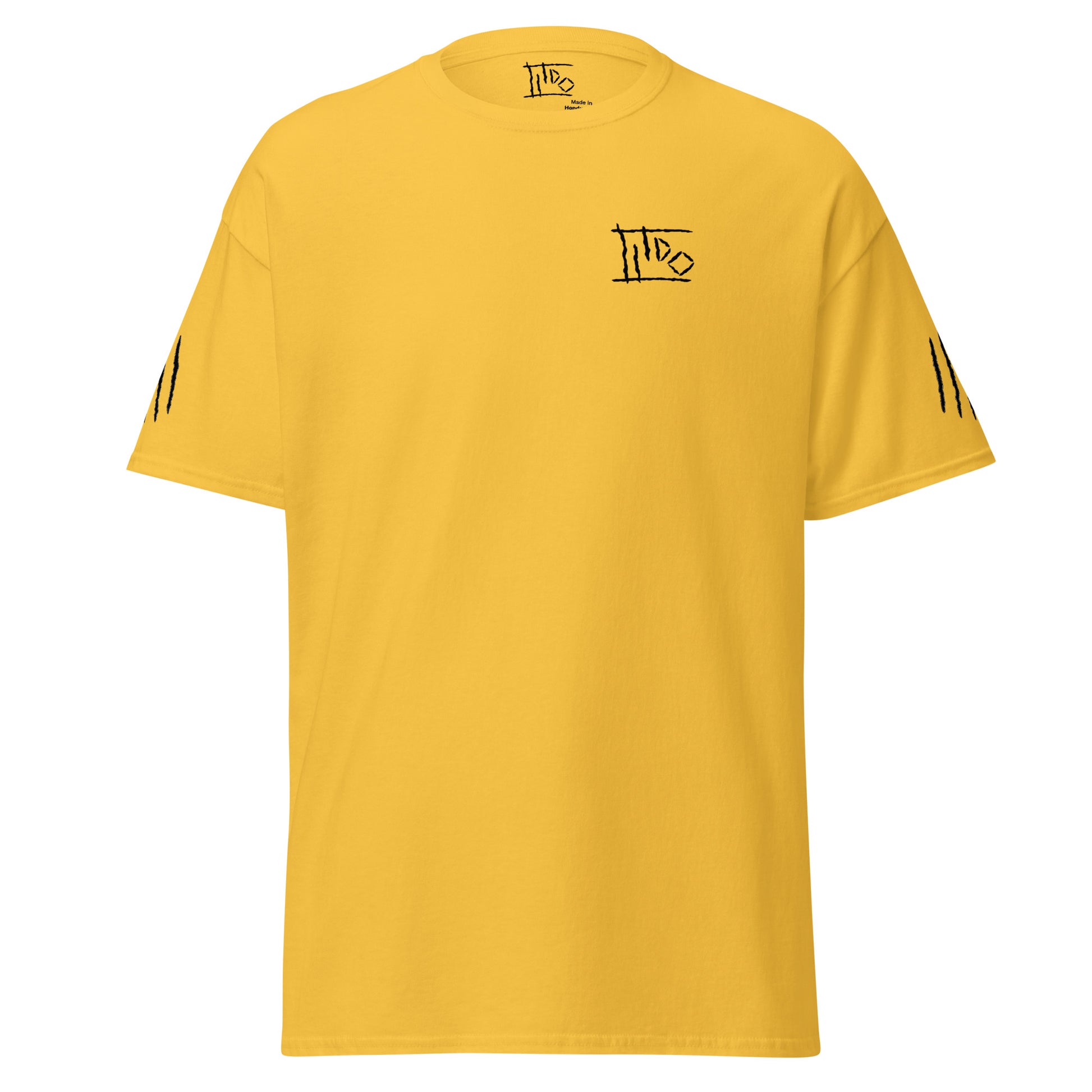A yellow short-sleeve t-shirt with black graphic prints on the chest and sleeves, displayed on a solid white background.