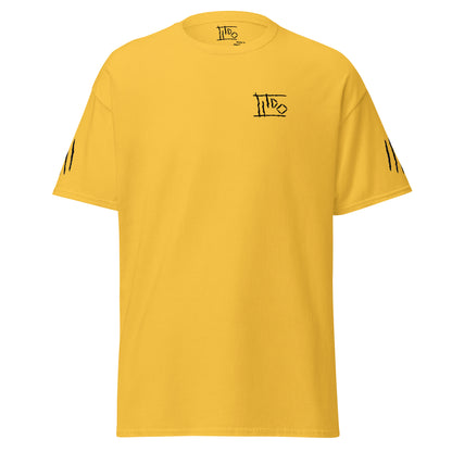 A yellow short-sleeve t-shirt with black graphic prints on the chest and sleeves, displayed on a solid white background.