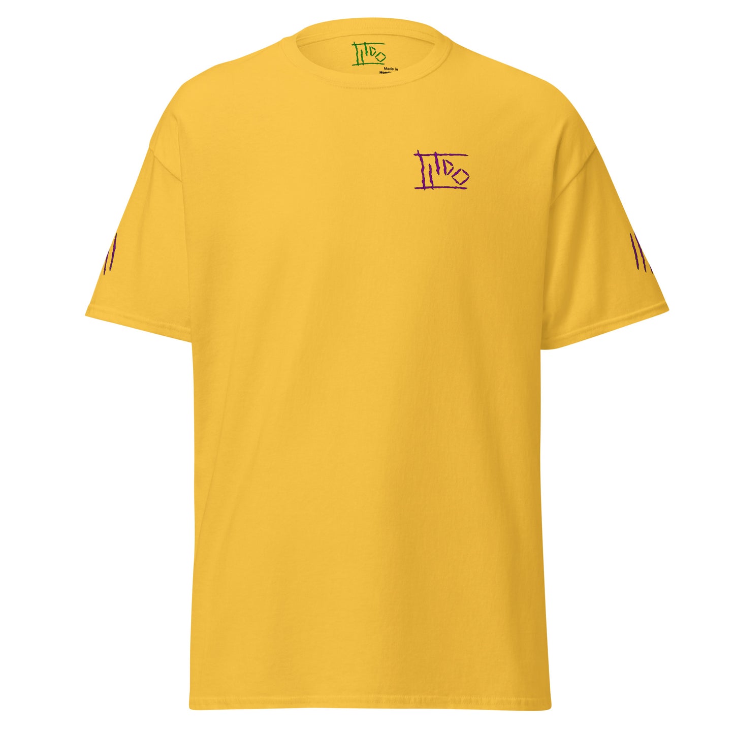 A yellow short-sleeve crewneck t-shirt with a small purple graffiti-style logo on the left chest and black stripes on the sleeves, shown against a plain white background.