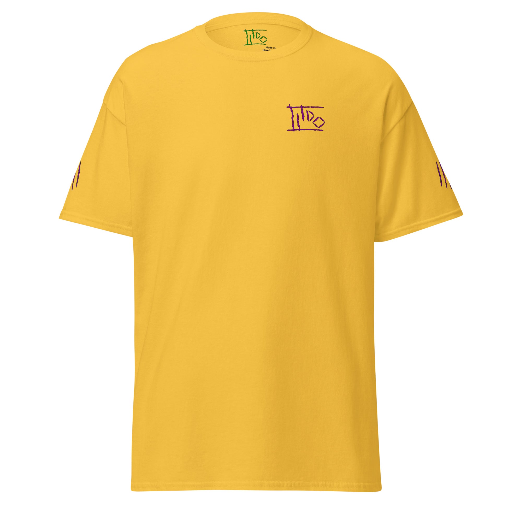A yellow short-sleeve crewneck t-shirt with a small purple graffiti-style logo on the left chest and black stripes on the sleeves, shown against a plain white background.