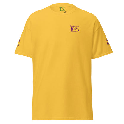 A yellow short-sleeve crewneck t-shirt with a small purple graffiti-style logo on the left chest and black stripes on the sleeves, shown against a plain white background.