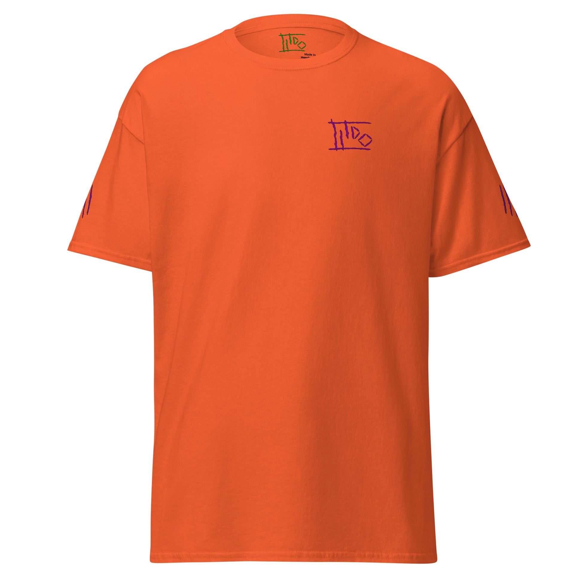 Orange t-shirt with a small logo on a white background