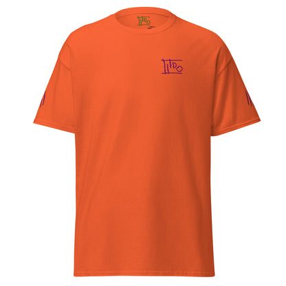 Orange t-shirt with a small logo on a white background