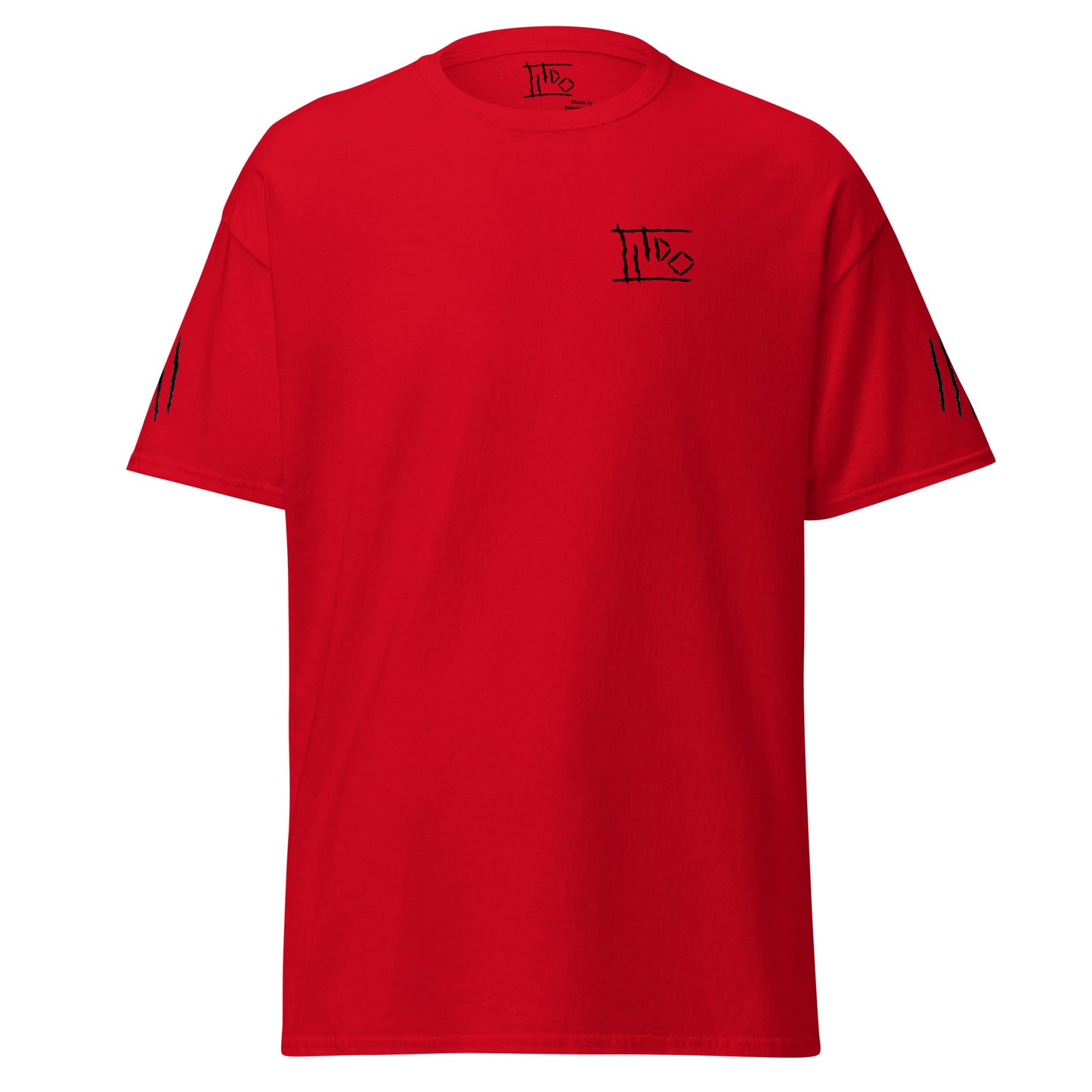 A bright red short-sleeve t-shirt with a small black graphic logo on the left chest and black graphic details on both sleeves, shown against a plain white background.