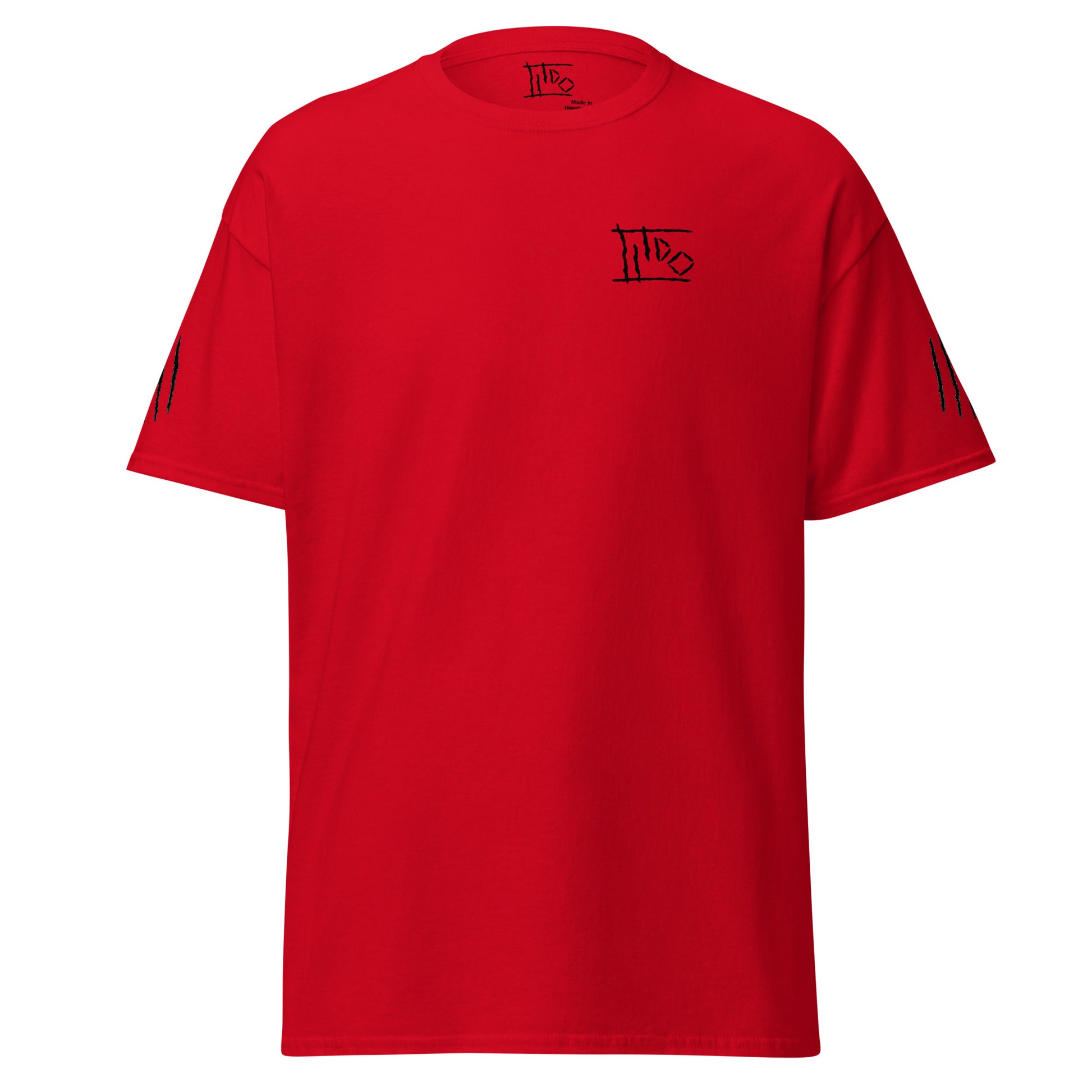 A bright red short-sleeve t-shirt with a small black graphic logo on the left chest and black graphic details on both sleeves, shown against a plain white background.