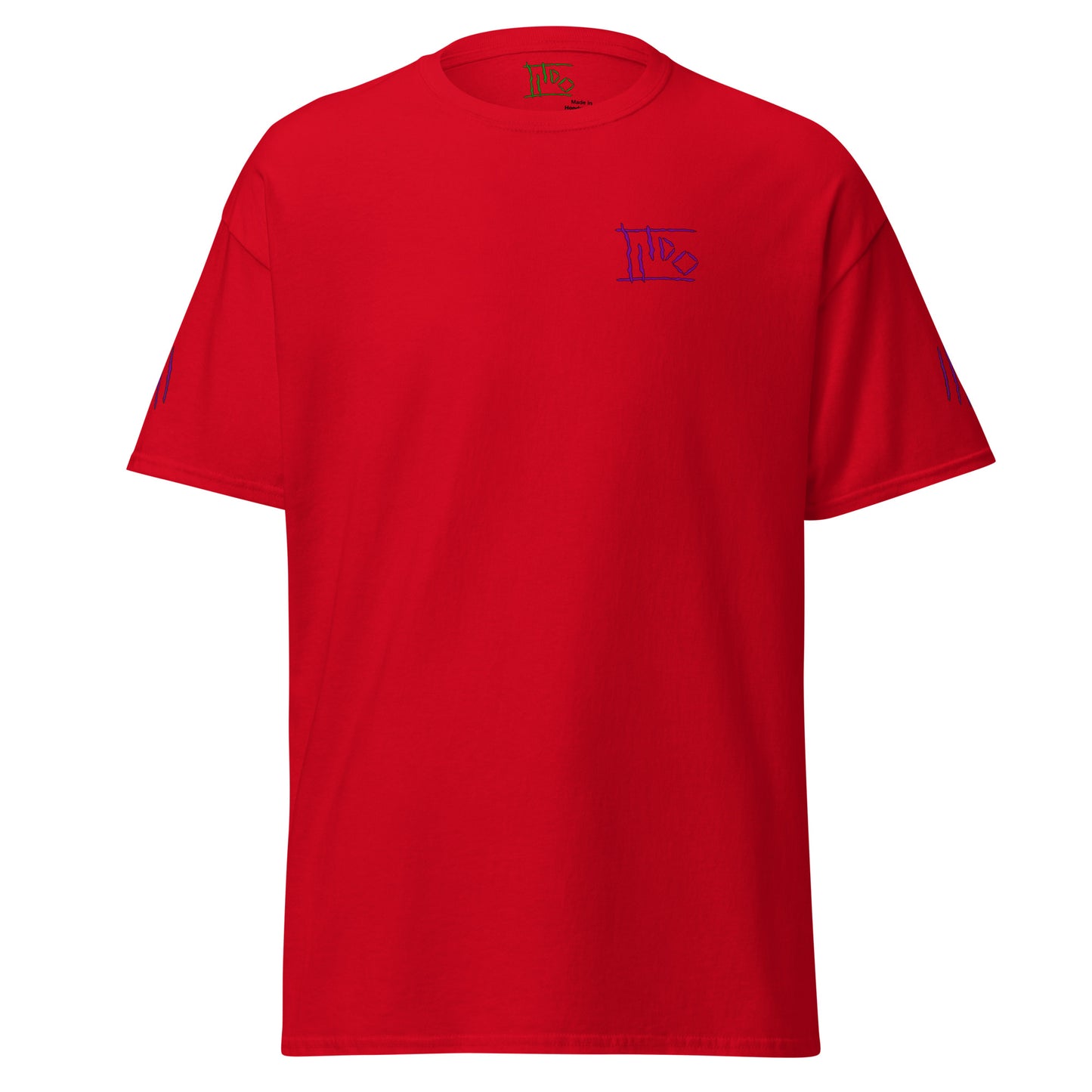 A bright red short-sleeve crewneck t-shirt with a small dark purple 'IT'S' graphic printed on the left chest, displayed on a clean white background.