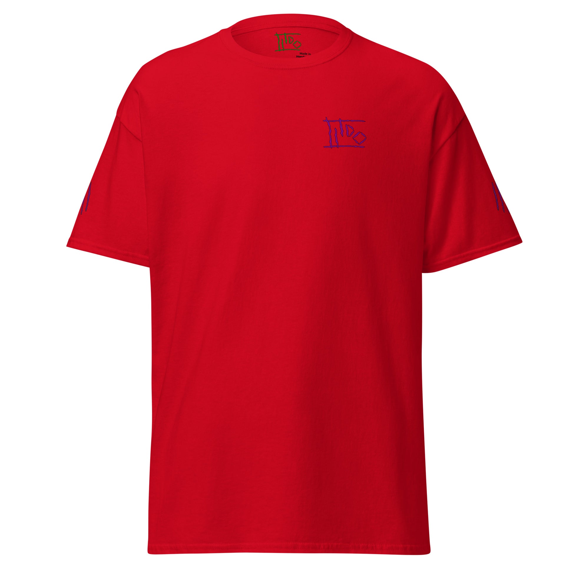 A bright red short-sleeve crewneck t-shirt with a small dark purple 'IT'S' graphic printed on the left chest, displayed on a clean white background.