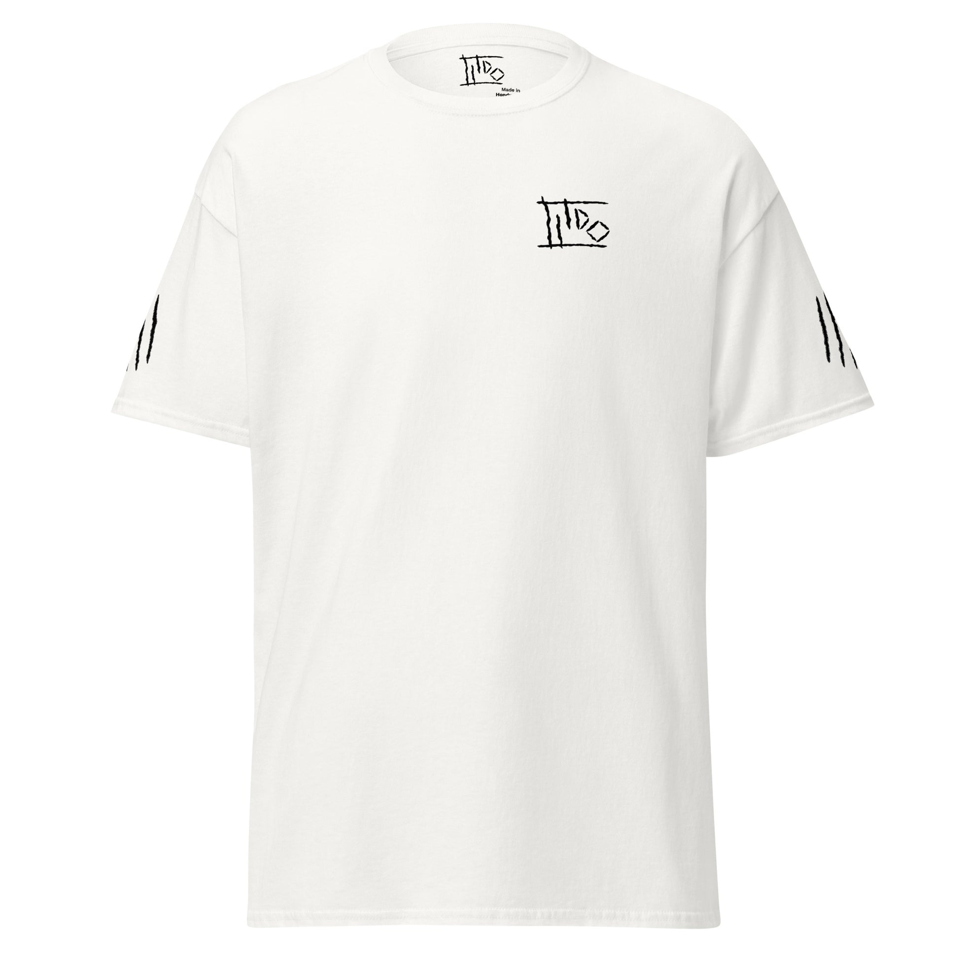 A white short-sleeve crewneck t-shirt with black graphic prints. The chest features a stylized 'Into the' logo, and the sleeves have three vertical black stripes, shown against a plain white background.