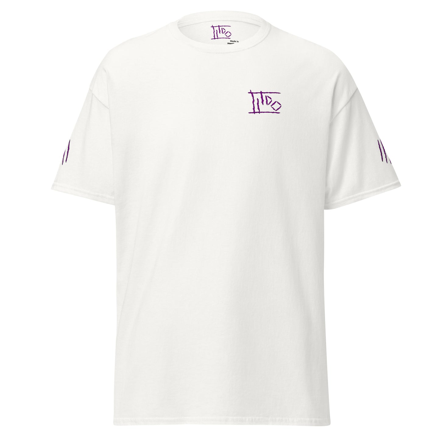 A white short-sleeve crewneck t-shirt with purple graphic prints on the chest, sleeve, and inner neck label, displayed on a clean white background.