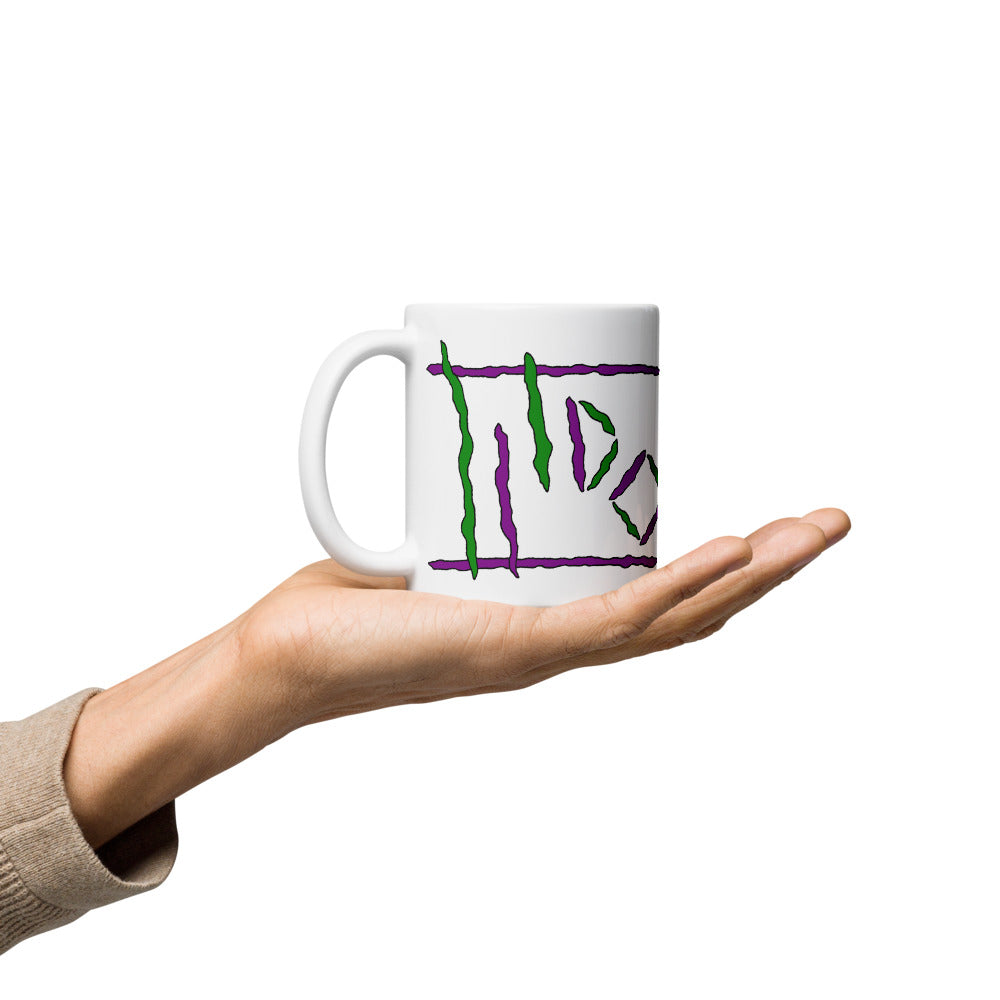 White Glossy Mug with Purple & Green Logos