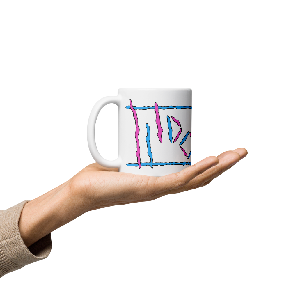 White Glossy Mug with Pink & Cyan Logos