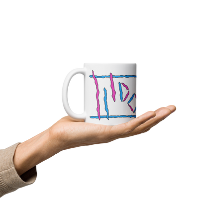 White Glossy Mug with Pink & Cyan Logos