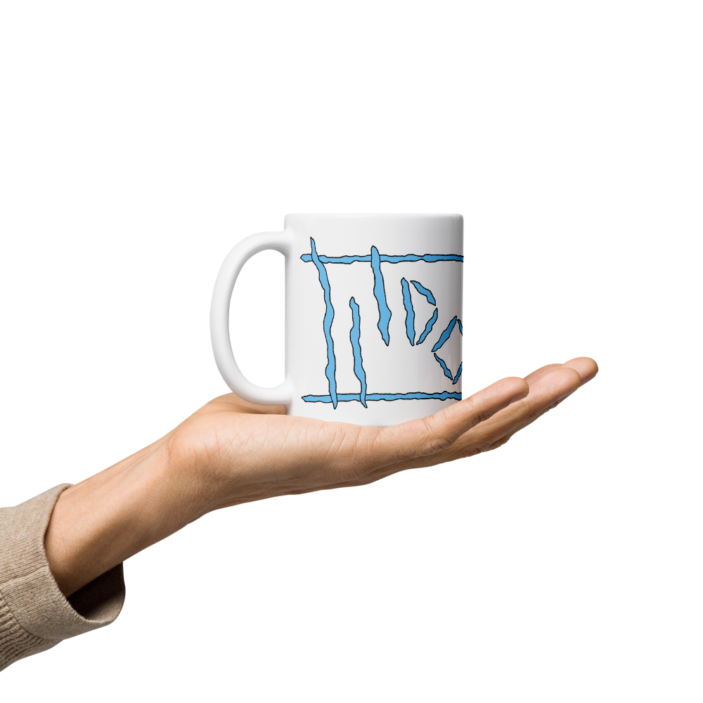 White Glossy Mug with Light Blue Logos