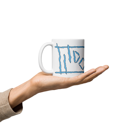 White Glossy Mug with Light Blue Logos