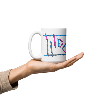 White Glossy Mug with Pink & Cyan Logos