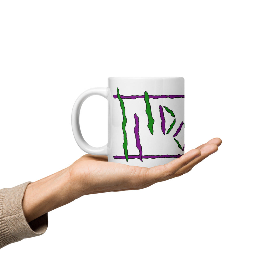 White Glossy Mug with Purple & Green Logos
