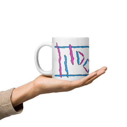 White Glossy Mug with Pink & Cyan Logos